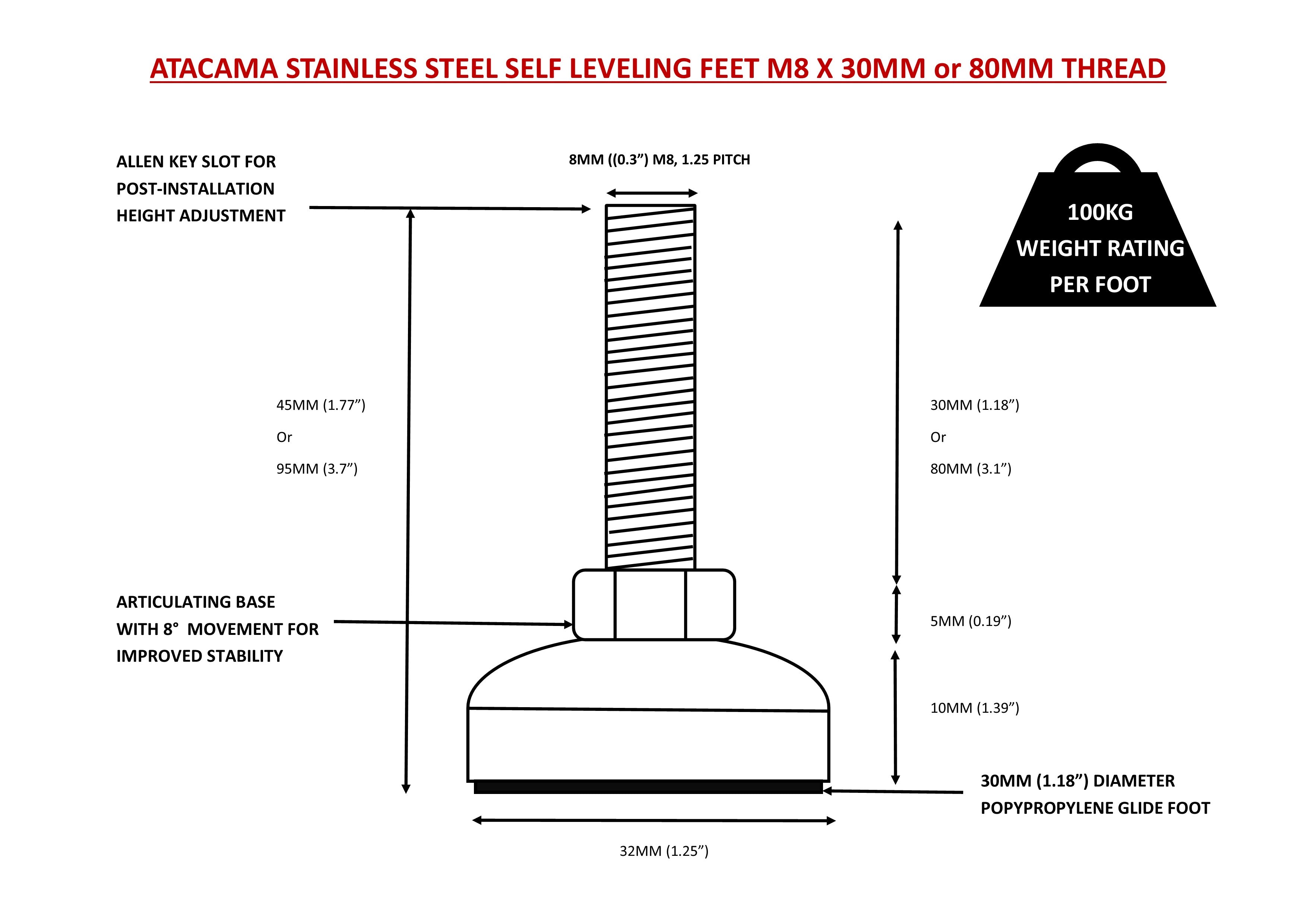 M8 30mm thread Stainless Steel Self Levelling Feet (Pack of 4)