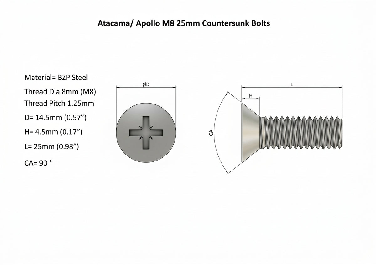 M8 (8mm) x 25mm Countersunk Bolts (Pack of 4)
