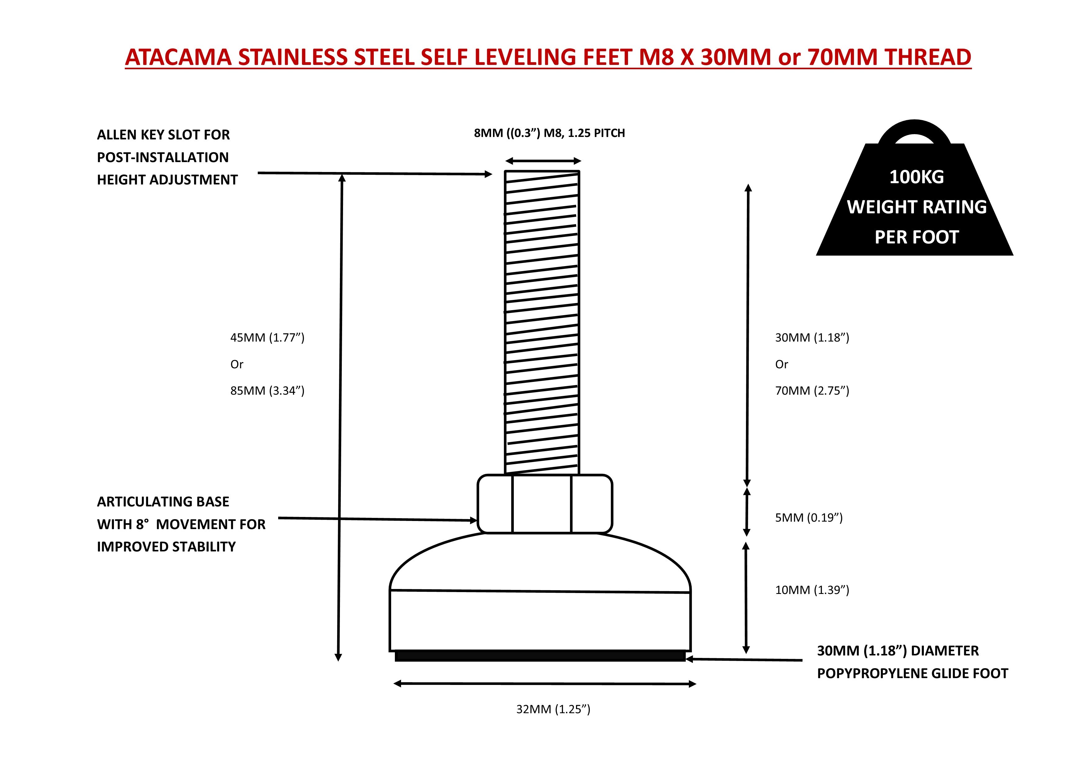 M8 30mm thread Stainless Steel Self Levelling Feet (Pack of 4)